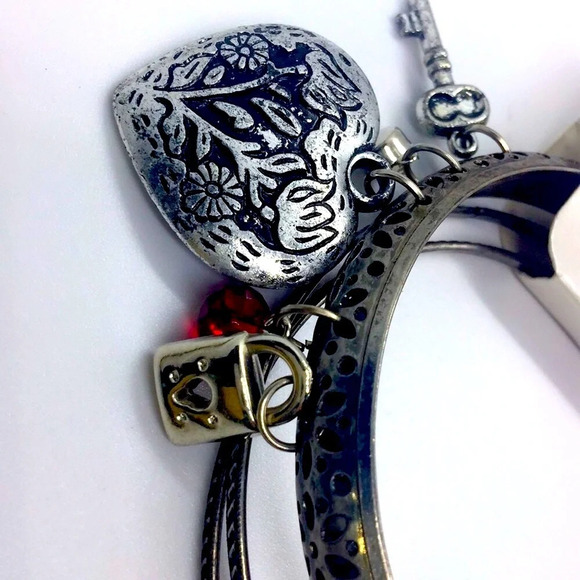 3 Bangle Bracelets Silver Tone Heart Key Lock - Picture 2 of 5